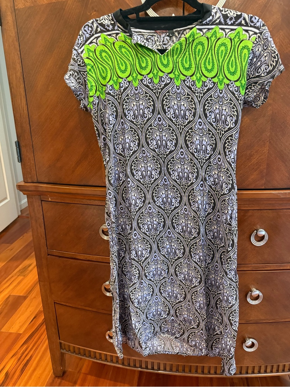 Black & White Paisley Tunic top with Neon Green Accent